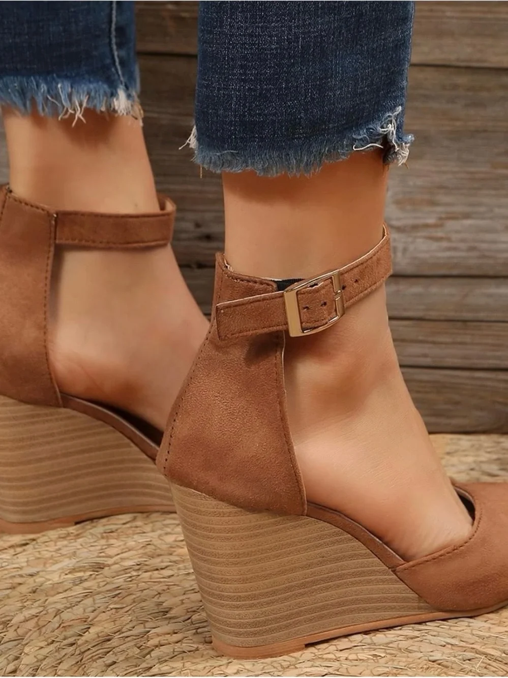 Tan Suede-Like Ankle-Strap Wedge Heels
